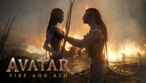 Avatar 3: Fire and Ash – A Na'vi warrior stands against a fiery landscape, symbolizing the clash between Pandora’s fire and water tribes