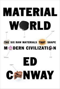 Cover of 'Material World' by Ed Conway featuring industrial silhouettes and six core materials—concrete, steel, plastic, glass, copper, and aluminum—highlighted in bold typography