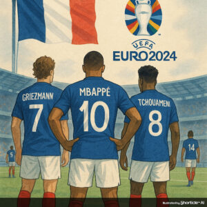 An illustration of the French national football team preparing for Euro 2024, with Kylian Mbappé standing at the center.