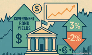 “Illustration showing a neoclassical government building with rising and falling arrows, percentage rates, and a chart representing the economic impact of bond yields.”